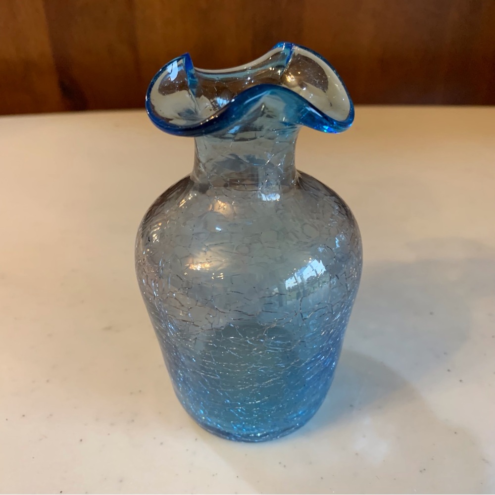 Vintage Rainbow Glass Company Small Crackle Glass Ruffled Rim Bud Vase